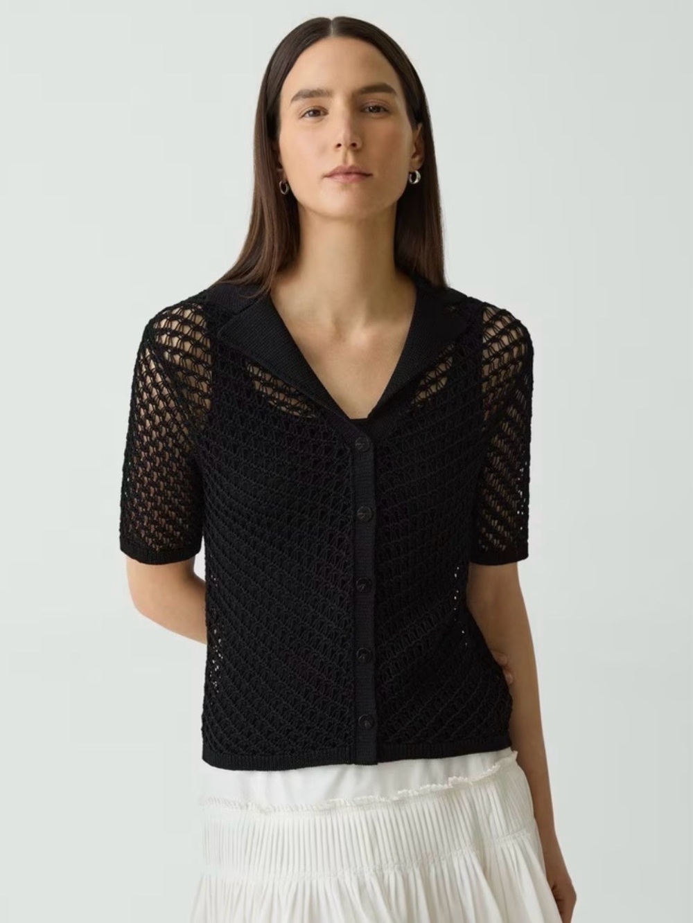 Theory Short-Sleeve Camp Shirt in Sheen Cotton Crochet Open Knit Black